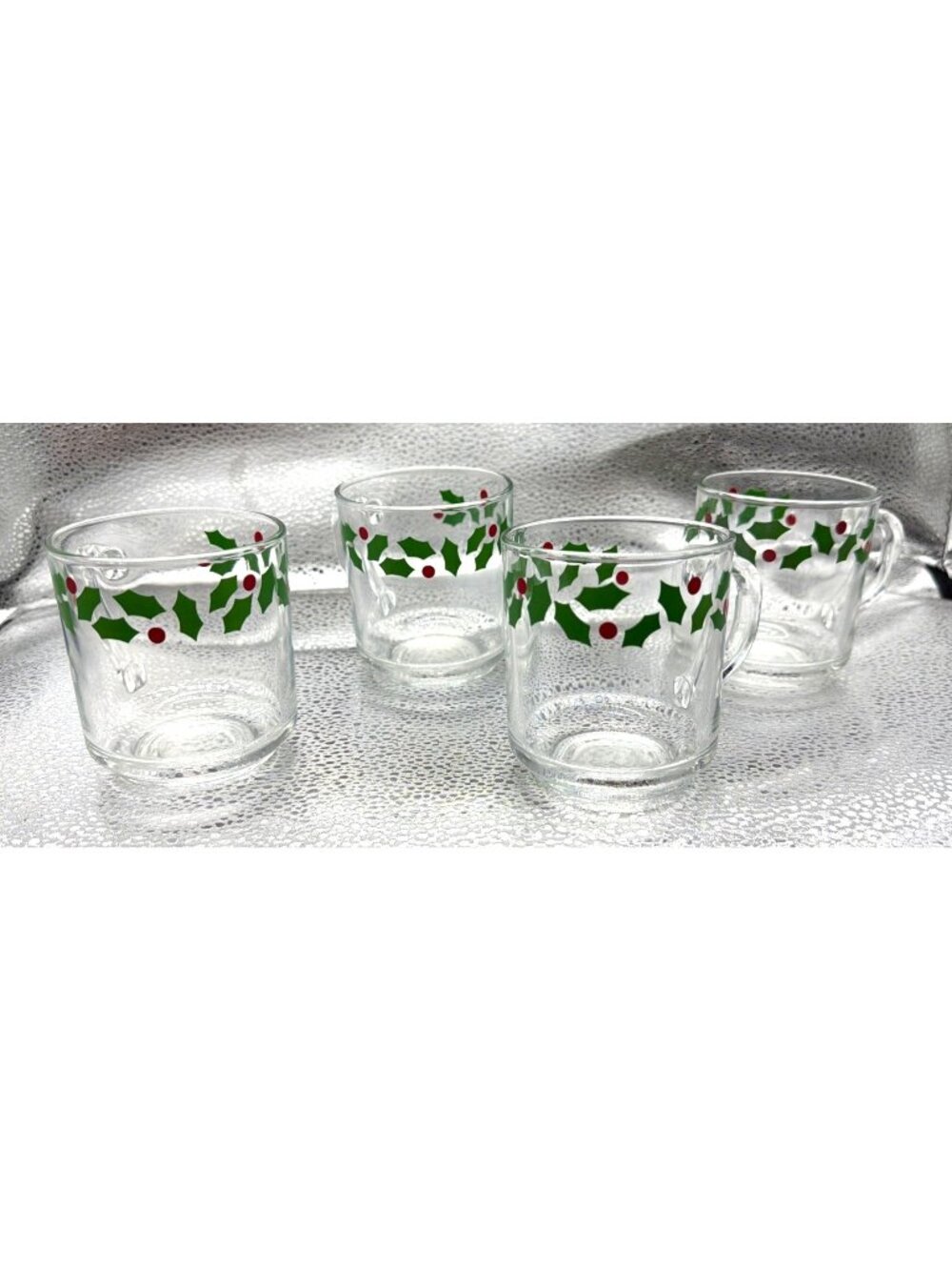 Vintage Set Of 4 Indiana Glass Holiday Holly Berry Clear Glass Coffee Mugs 8 Oz